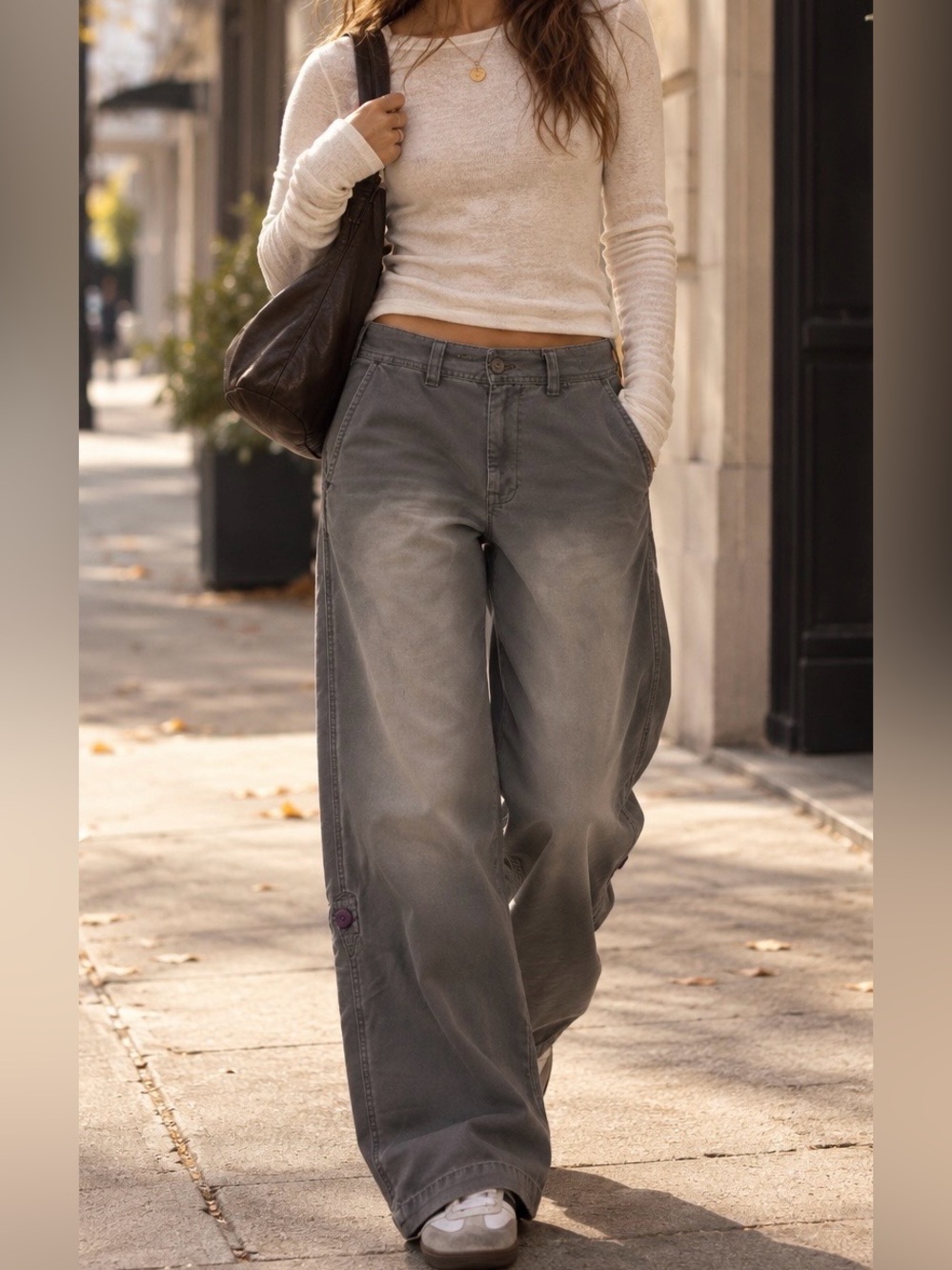 Free People Acid Wash Utility Pants Gray Roll Tab 100% Cotton Barrel Baggy Sz 4